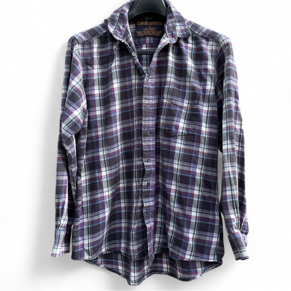 Vintage Comfort Outfitter Mens Large Cotton Flannel Shirt Plaid Blue Gray Red